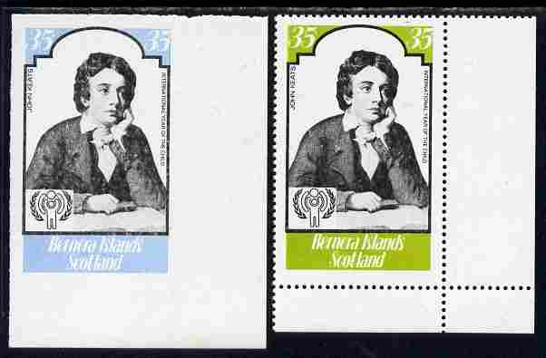 Bernera 1979 Int Year of the Child - Writers - John Keats 35p imperf proof in blue & black only complete with perf label as issued both unmounted mint, stamps on personalities, stamps on literature, stamps on keats, stamps on  iyc , stamps on 