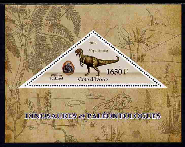 Ivory Coast 2012 Dinosaurs & Paleontologists perf s/sheet containing large triangular value unmounted mint , stamps on triangulars, stamps on dinosaurs