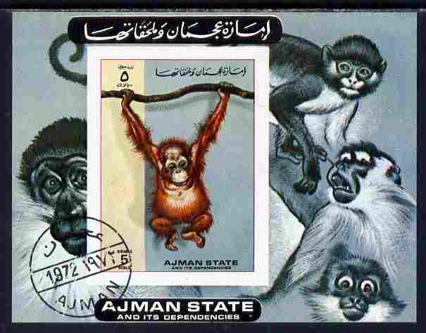 Ajman 1973 Monkeys imperf m/sheet cto used, stamps on anamals, stamps on apes