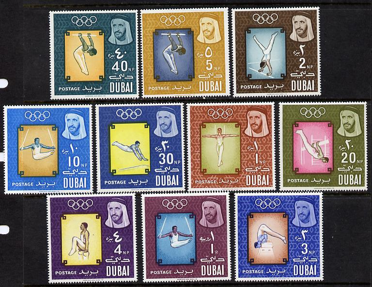 Dubai 1964 Tokyo Olympics (Gymnastics) set of 10 unmounted mint, SG 105-14, stamps on sport     olympics, stamps on  gym , stamps on gymnastics, stamps on 