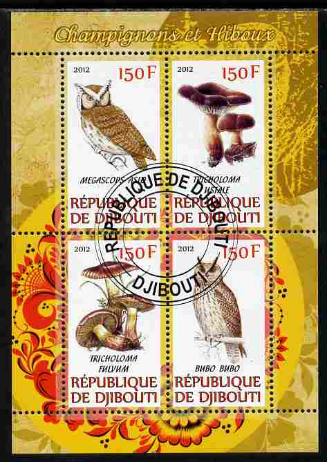 Djibouti 2012 Mushrooms & Owls #2 perf sheetlet containing 4 values cto used, stamps on fungi, stamps on birds, stamps on birds of prey, stamps on owls