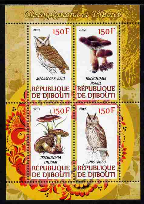 Djibouti 2012 Mushrooms & Owls #2 perf sheetlet containing 4 values unmounted mint, stamps on fungi, stamps on birds, stamps on birds of prey, stamps on owls