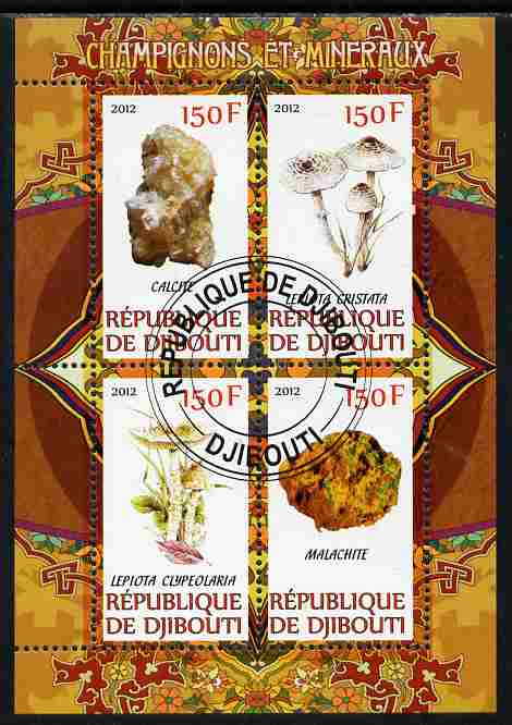 Djibouti 2012 Mushrooms & Minerals #2 perf sheetlet containing 4 values cto used, stamps on fungi, stamps on minerals