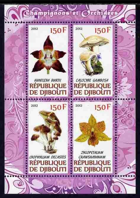 Djibouti 2012 Mushrooms & Orchids #1 perf sheetlet containing 4 values unmounted mint, stamps on fungi, stamps on flowers, stamps on orchids