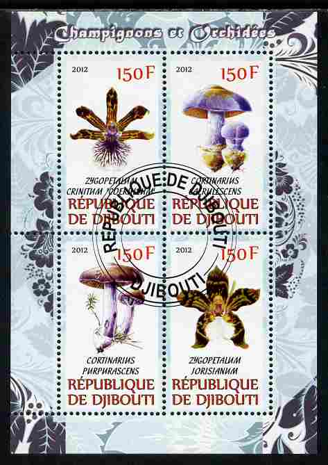 Djibouti 2012 Mushrooms & Orchids #2 perf sheetlet containing 4 values cto used, stamps on , stamps on  stamps on fungi, stamps on  stamps on flowers, stamps on  stamps on orchids
