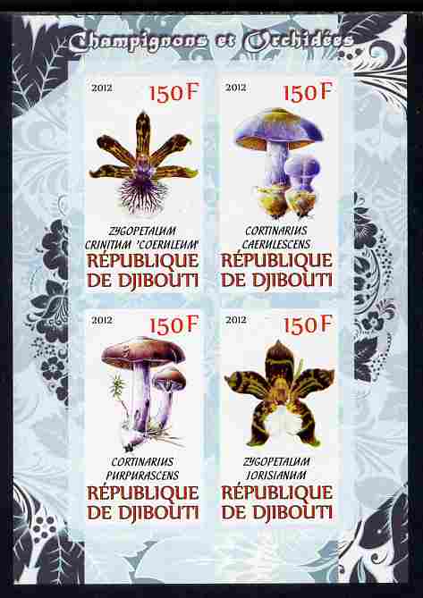 Djibouti 2012 Mushrooms & Orchids #2 imperf sheetlet containing 4 values unmounted mint, stamps on fungi, stamps on flowers, stamps on orchids