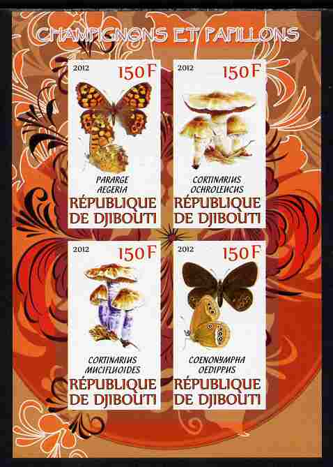Djibouti 2012 Mushrooms & Butterflies #1 imperf sheetlet containing 4 values unmounted mint, stamps on fungi, stamps on butterflies
