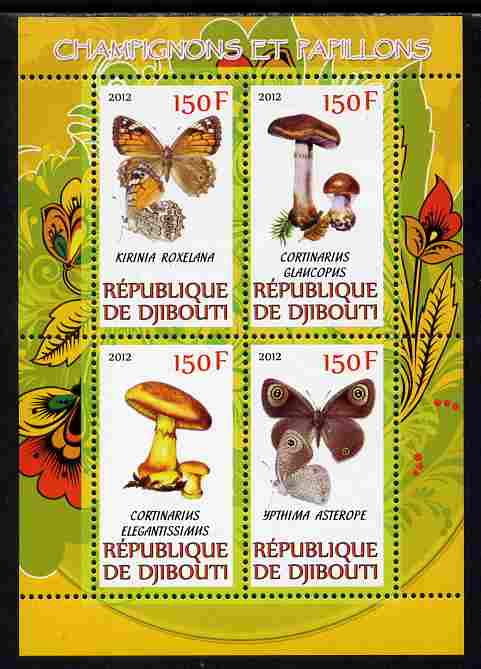 Djibouti 2012 Mushrooms & Butterflies #2 perf sheetlet containing 4 values unmounted mint, stamps on fungi, stamps on butterflies