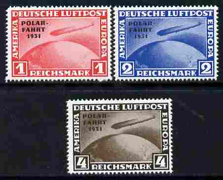 Germany 1931 Zeppelin Polar Flight set of 3 reprints stamped 'Privater Nachdruck' on reverse, unmounted mint as SG 469-71 originals cat \A3900, stamps on aviation, stamps on airships, stamps on zeppelins