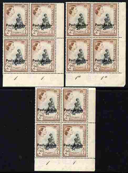 Swaziland 1961 Postage Due surcharged set of 3 each in corner plate blocks of 4 unmounted mint SG D7-9, stamps on postage dues