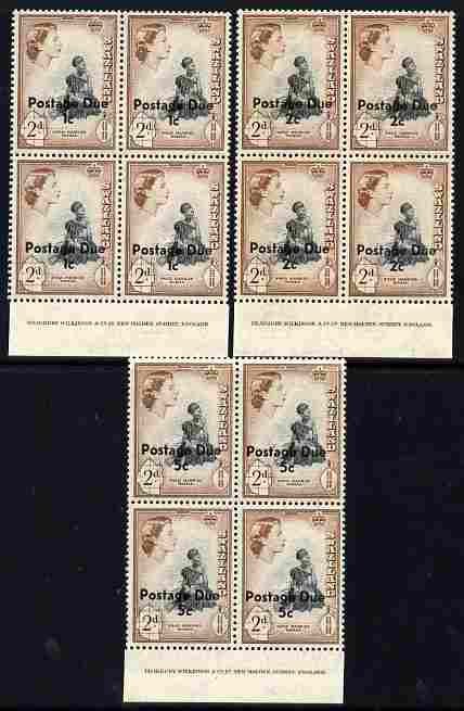Swaziland 1961 Postage Due surcharged set of 3 each in marginal imprint blocks of 4 unmounted mint SG D7-9, stamps on postage dues