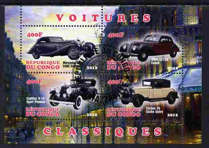 Congo 2012 Early Cars perf sheetlet containing 4 values fine cto used, stamps on cars