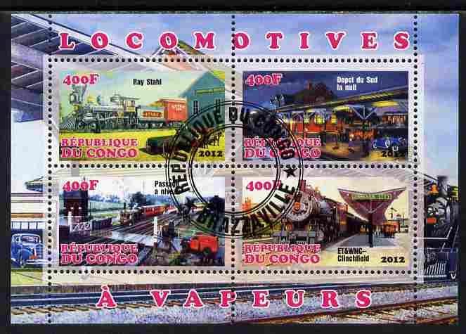 Congo 2012 Steam Locomotives perf sheetlet containing 4 values fine cto used, stamps on railways