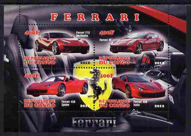 Congo 2012 Ferrari Cars perf sheetlet containing 4 values unmounted mint, stamps on cars, stamps on ferrari