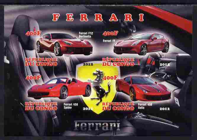 Congo 2012 Ferrari Cars imperf sheetlet containing 4 values unmounted mint, stamps on cars, stamps on ferrari