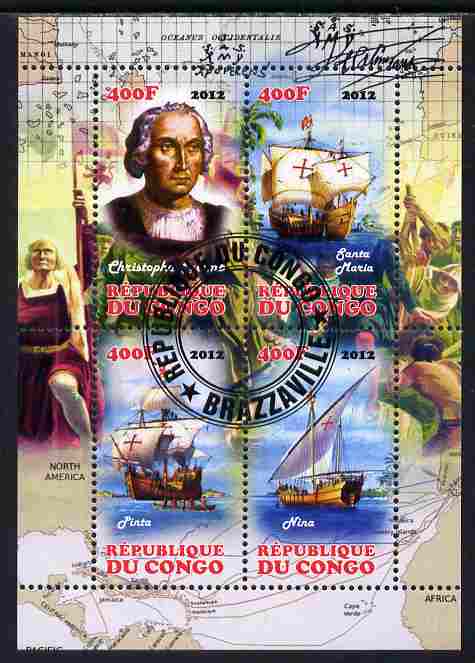 Congo 2012 Christopher Columbus perf sheetlet containing 4 values fine cto used, stamps on personalities, stamps on columbus, stamps on ships, stamps on explorers