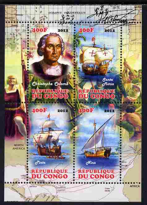Congo 2012 Christopher Columbus perf sheetlet containing 4 values unmounted mint, stamps on personalities, stamps on columbus, stamps on ships, stamps on explorers