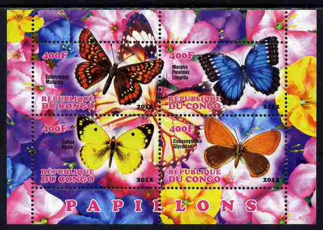 Congo 2012 Butterflies #1 perf sheetlet containing 4 values unmounted mint, stamps on butterflies