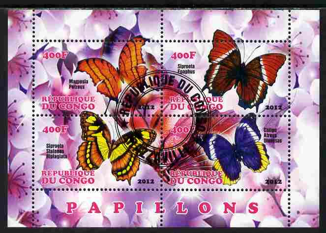 Congo 2012 Butterflies #3 perf sheetlet containing 4 values fine cto used, stamps on butterflies