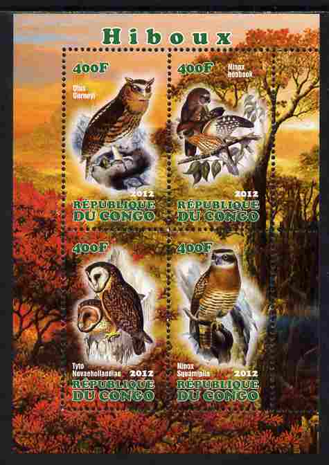 Congo 2012 Owls perf sheetlet containing 4 values unmounted mint, stamps on birds, stamps on birds of prey, stamps on owls
