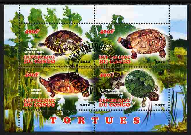 Congo 2012 Turtles perf sheetlet containing 4 values fine cto used, stamps on turtles