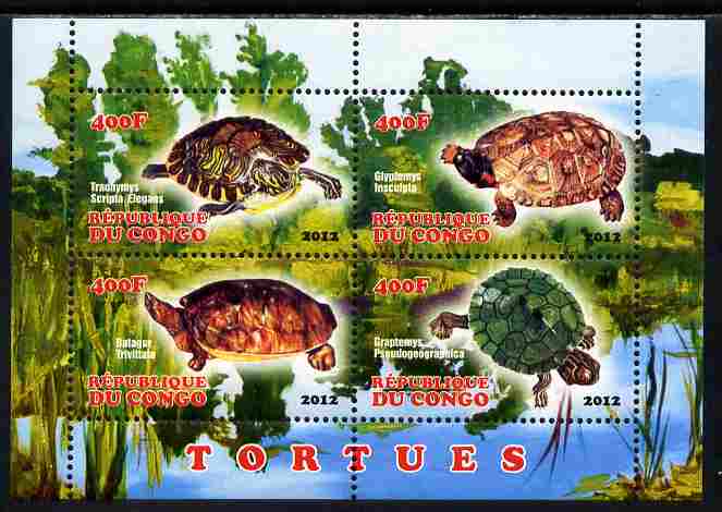 Congo 2012 Turtles perf sheetlet containing 4 values unmounted mint, stamps on turtles