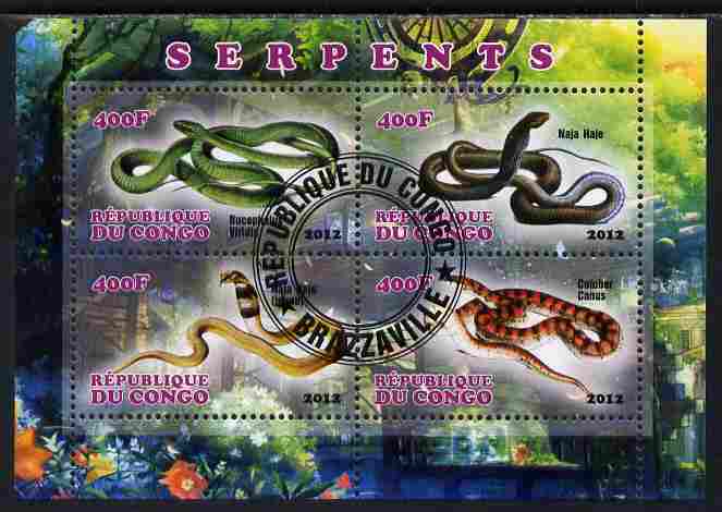 Congo 2012 Snakes perf sheetlet containing 4 values fine cto used, stamps on reptiles, stamps on snakes