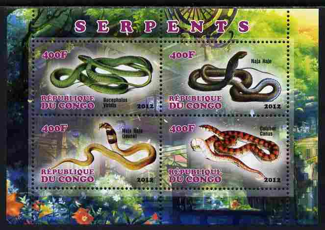 Congo 2012 Snakes perf sheetlet containing 4 values unmounted mint, stamps on reptiles, stamps on snakes