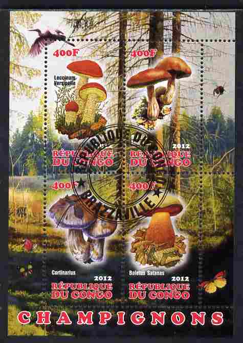 Congo 2012 Mushrooms #2 perf sheetlet containing 4 values fine cto used, stamps on fungi