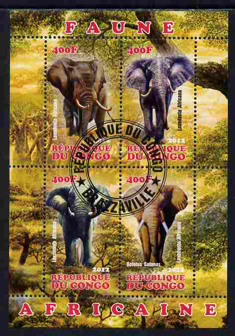 Congo 2012 Elephants perf sheetlet containing 4 values fine cto used, stamps on animals, stamps on elephants