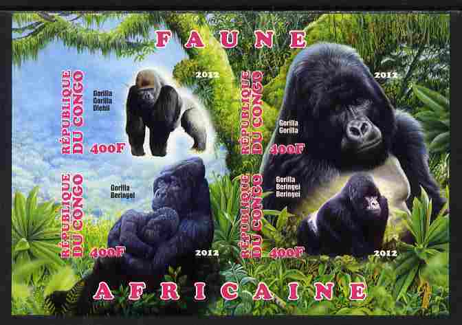 Congo 2012 Gorillas imperf sheetlet containing 4 values unmounted mint, stamps on animals, stamps on gorillas, stamps on apes