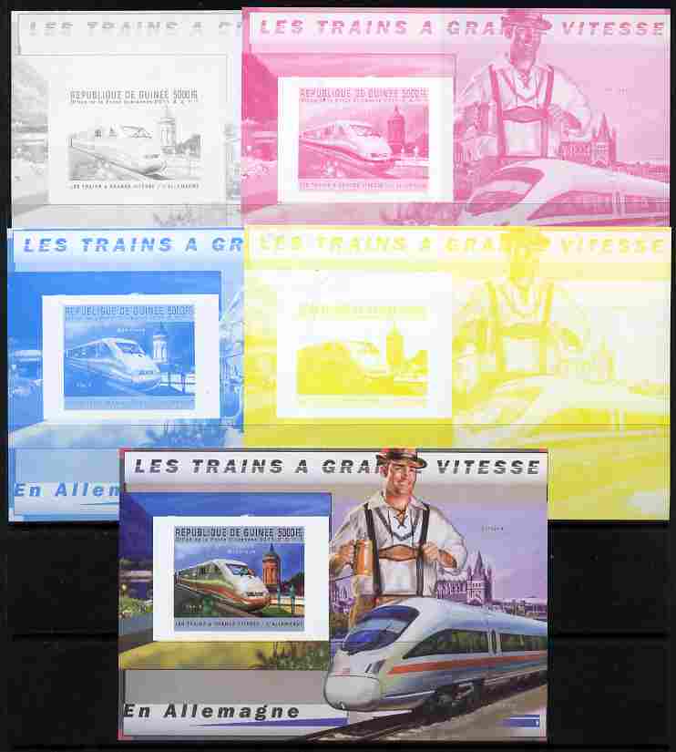Guinea - Conakry 2011 High Speed Trains of Germany #2 deluxe sheet - the set of 5 imperf progressive proofs comprising the 4 individual colours plus all 4-colour composite, unmounted mint , stamps on railways, stamps on 
