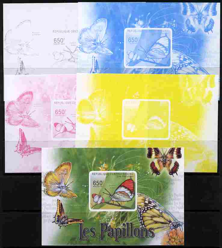 Central African Republic 2011 Butterflies #1 deluxe sheet - the set of 5 imperf progressive proofs comprising the 4 individual colours plus all 4-colour composite, unmoun..., stamps on butterflies