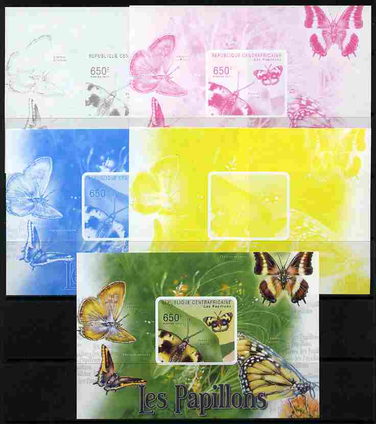 Central African Republic 2011 Butterflies #3 deluxe sheet - the set of 5 imperf progressive proofs comprising the 4 individual colours plus all 4-colour composite, unmoun..., stamps on butterflies