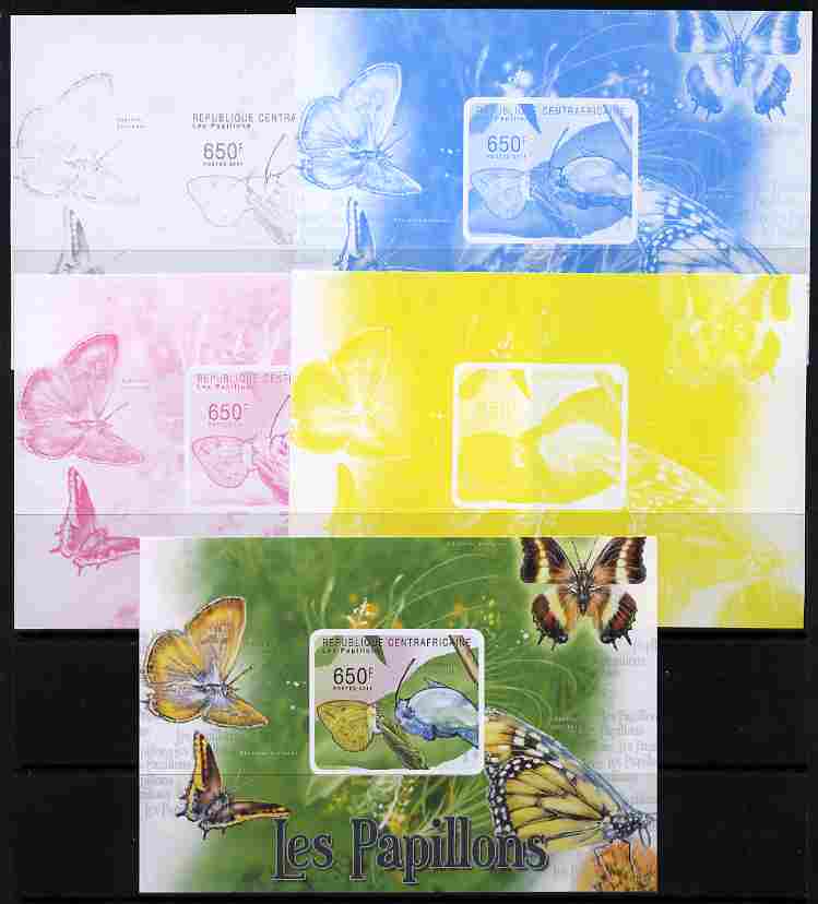 Central African Republic 2011 Butterflies #4 deluxe sheet - the set of 5 imperf progressive proofs comprising the 4 individual colours plus all 4-colour composite, unmoun..., stamps on butterflies