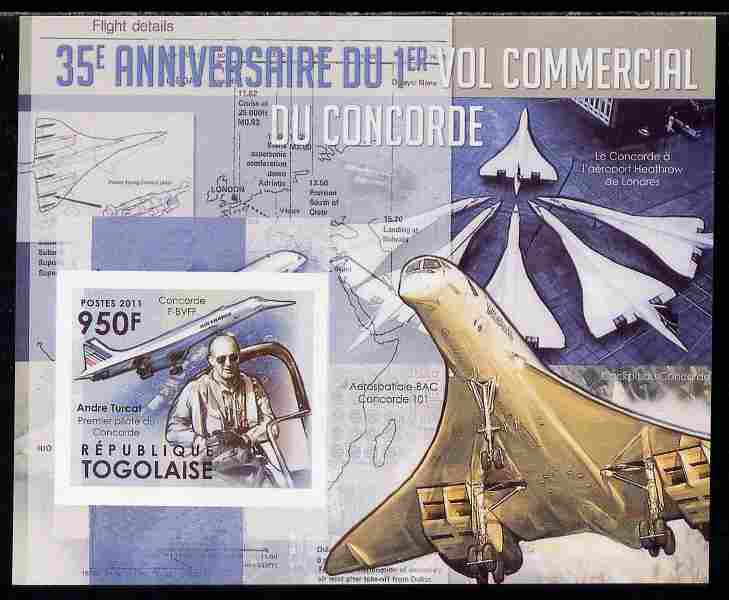 Togo 2011 35th Anniversary of 1st Commercial Flight of Concorde #1 imperf deluxe sheet unmounted mint. Note this item is privately produced and is offered purely on its thematic appeal , stamps on aviation, stamps on concorde