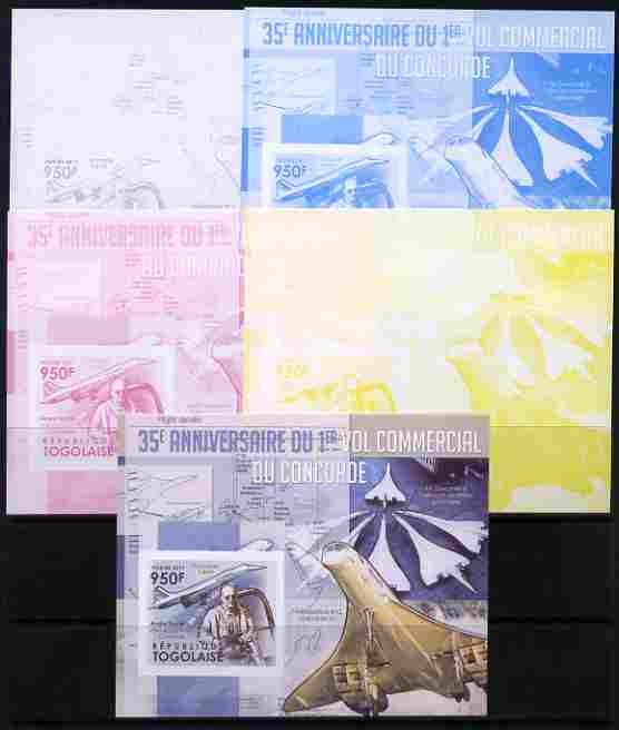 Togo 2011 35th Anniversary of 1st Commercial Flight of Concorde #1 deluxe sheet - the set of 5 imperf progressive proofs comprising the 4 individual colours plus all 4-co..., stamps on aviation, stamps on concorde