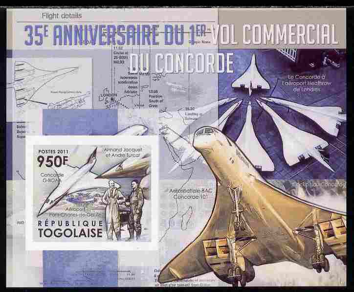 Togo 2011 35th Anniversary of 1st Commercial Flight of Concorde #2 imperf deluxe sheet unmounted mint. Note this item is privately produced and is offered purely on its t..., stamps on aviation, stamps on concorde