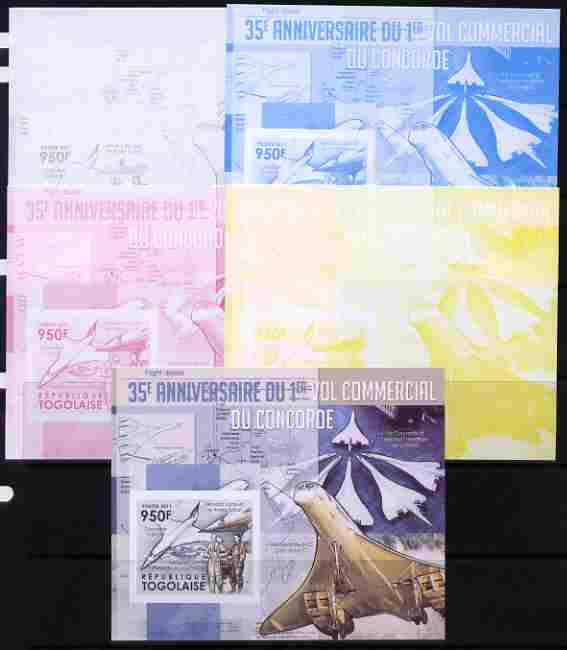 Togo 2011 35th Anniversary of 1st Commercial Flight of Concorde #2 deluxe sheet - the set of 5 imperf progressive proofs comprising the 4 individual colours plus all 4-co..., stamps on aviation, stamps on concorde