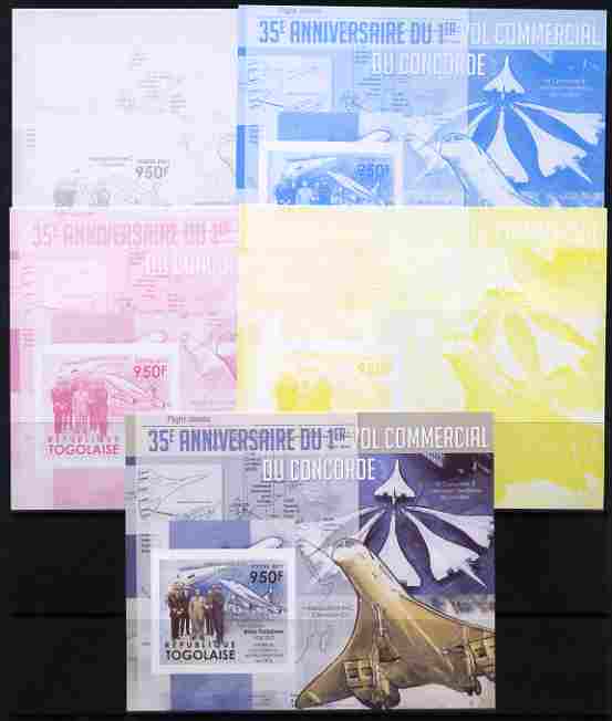 Togo 2011 35th Anniversary of 1st Commercial Flight of Concorde #3 deluxe sheet - the set of 5 imperf progressive proofs comprising the 4 individual colours plus all 4-co..., stamps on aviation, stamps on concorde