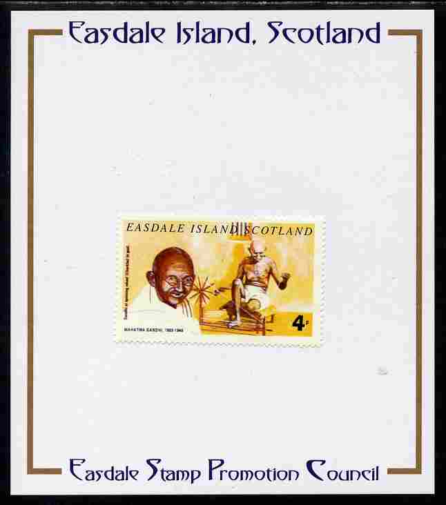 Easdale 1996 Gandhi 4p stamp of Gandhi at Spinning Wheel mounted on Publicity proof card issued by the Easdale Stamp Promotion Council , stamps on personalities, stamps on gandhi, stamps on constitutions, stamps on law