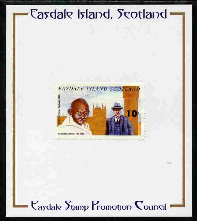 Easdale 1996 Gandhi 10p stamp of Gandhi with Ramsay Macdonald mounted on Publicity proof card issued by the Easdale Stamp Promotion Council , stamps on personalities, stamps on gandhi, stamps on constitutions, stamps on law