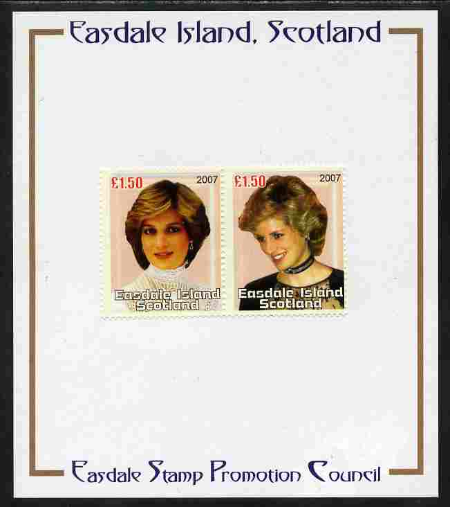 Easdale 2007 Princess Diana \A31.50 #1 perf se-tenant pair mounted on Publicity proof card issued by the Easdale Stamp Promotion Council , stamps on personalities, stamps on diana, stamps on royalty