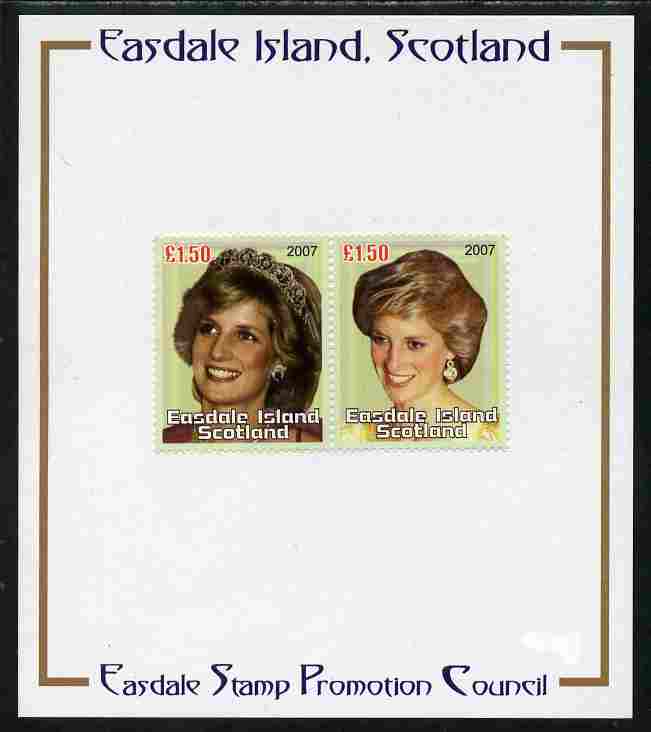 Easdale 2007 Princess Diana \A31.50 #2 perf se-tenant pair mounted on Publicity proof card issued by the Easdale Stamp Promotion Council , stamps on personalities, stamps on diana, stamps on royalty