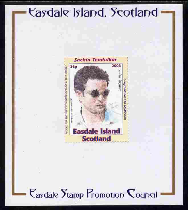 Easdale 2008 Sachin Tendulkar (cricketer) 36p (with sun glasses - white border) mounted on Publicity proof card issued by the Easdale Stamp Promotion Council , stamps on sport, stamps on cricket