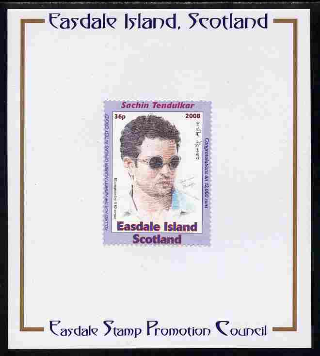 Easdale 2008 Sachin Tendulkar (cricketer) 36p (with sun glasses - blue border) mounted on Publicity proof card issued by the Easdale Stamp Promotion Council , stamps on sport, stamps on cricket