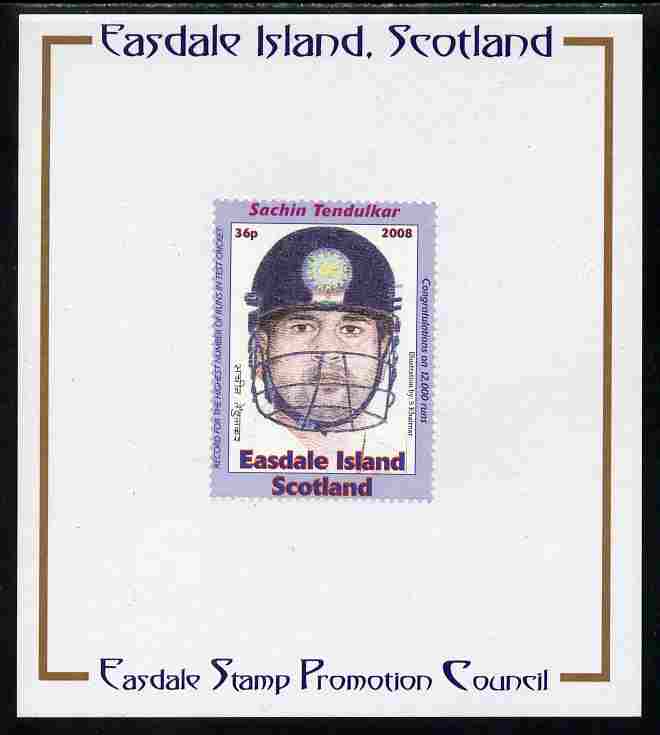 Easdale 2008 Sachin Tendulkar (cricketer) 36p (with helmet - blue border) mounted on Publicity proof card issued by the Easdale Stamp Promotion Council , stamps on , stamps on  stamps on sport, stamps on  stamps on cricket