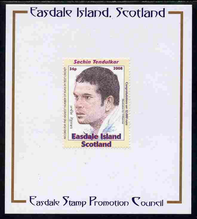 Easdale 2008 Sachin Tendulkar (cricketer) 36p (looking to left - white border) mounted on Publicity proof card issued by the Easdale Stamp Promotion Council , stamps on sport, stamps on cricket