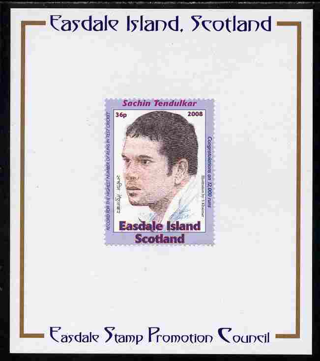Easdale 2008 Sachin Tendulkar (cricketer) 36p (looking to left - blue border) mounted on Publicity proof card issued by the Easdale Stamp Promotion Council , stamps on sport, stamps on cricket