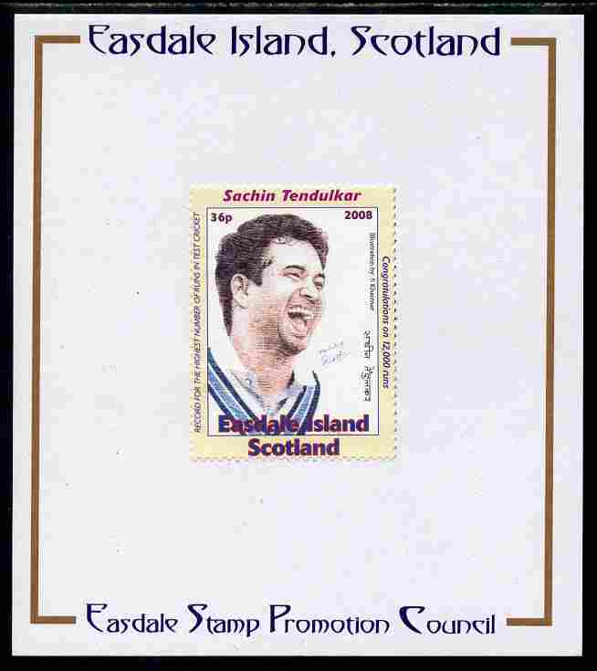 Easdale 2008 Sachin Tendulkar (cricketer) 36p (looking to right - white border) mounted on Publicity proof card issued by the Easdale Stamp Promotion Council , stamps on sport, stamps on cricket